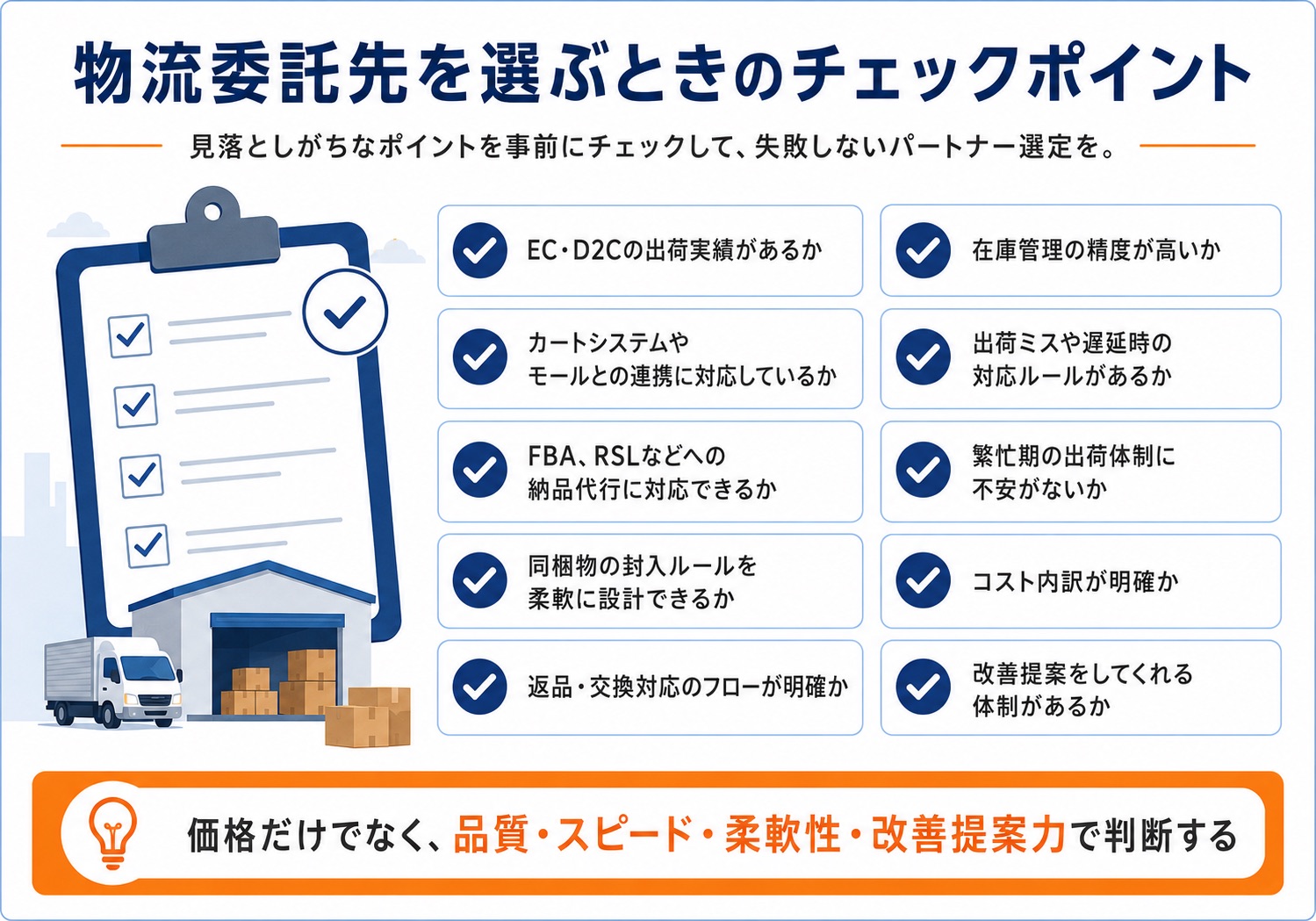 物流委託先を選ぶときに、EC・D2C出荷実績、在庫精度、カート連携、出荷ミス対応、FBAやRSL納品代行、改善提案体制を確認するチェックリスト