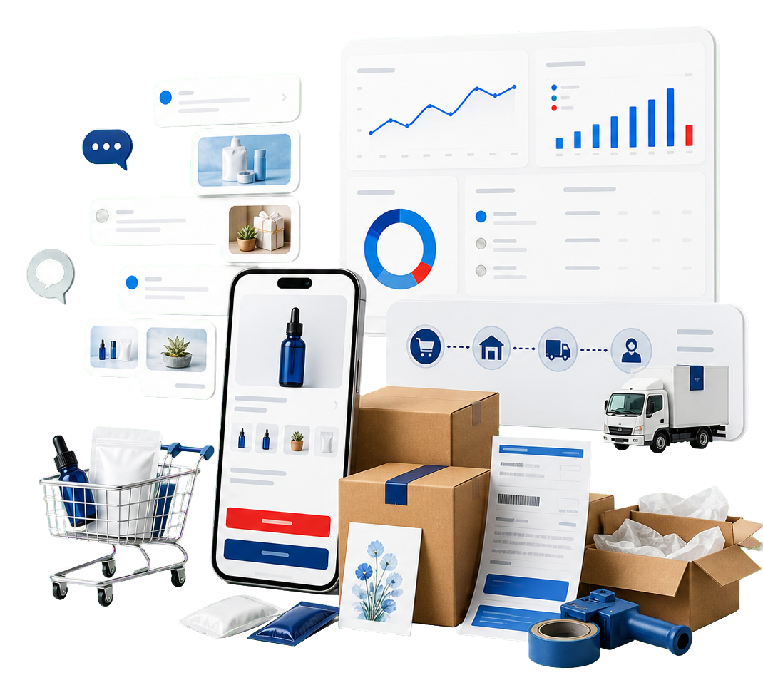 商品、購入導線、CRM、物流、レポートをつなぐecforce運用支援のイメージ